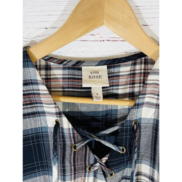 Knox Rose Flannel Top Front Wrap Plaid Shirt Boho Blouse Tassels Womens Small - Picture 3 of 12